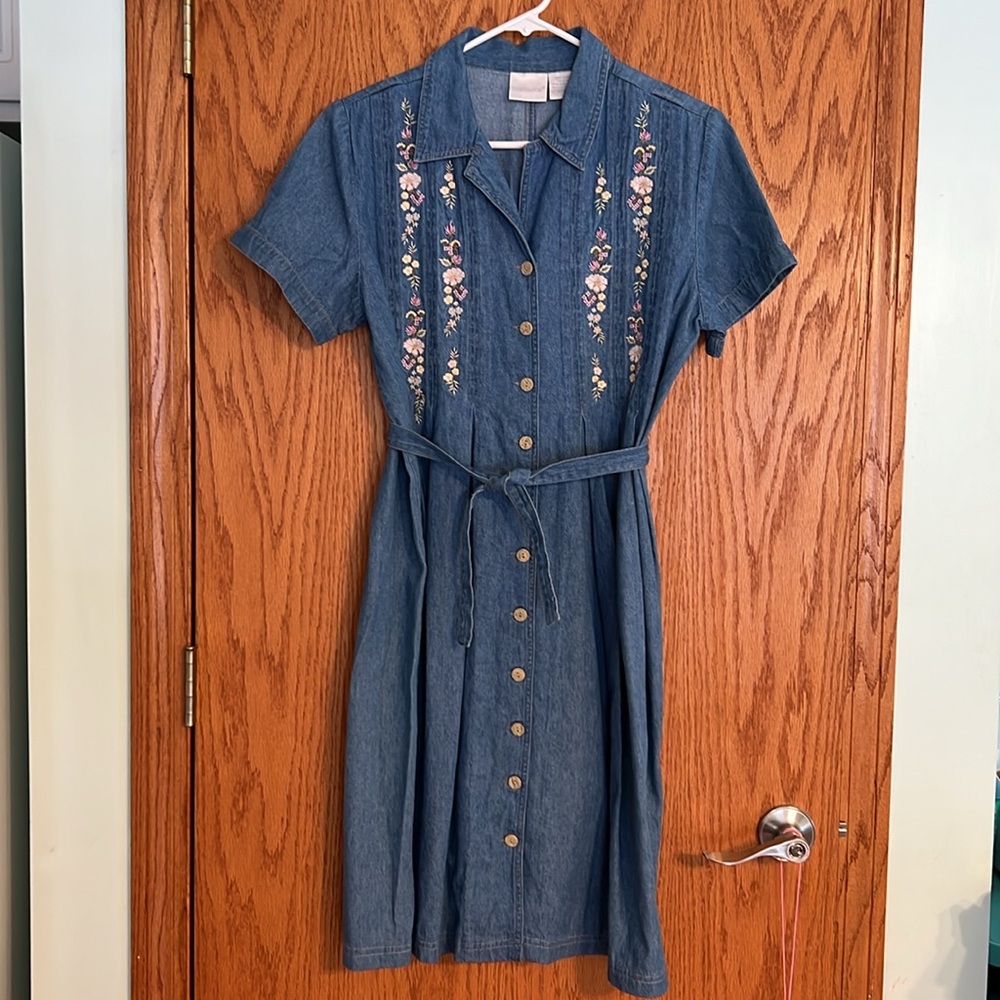 Stony Brook Denim Dress with Pleats, Embroidery and Belt Button Down